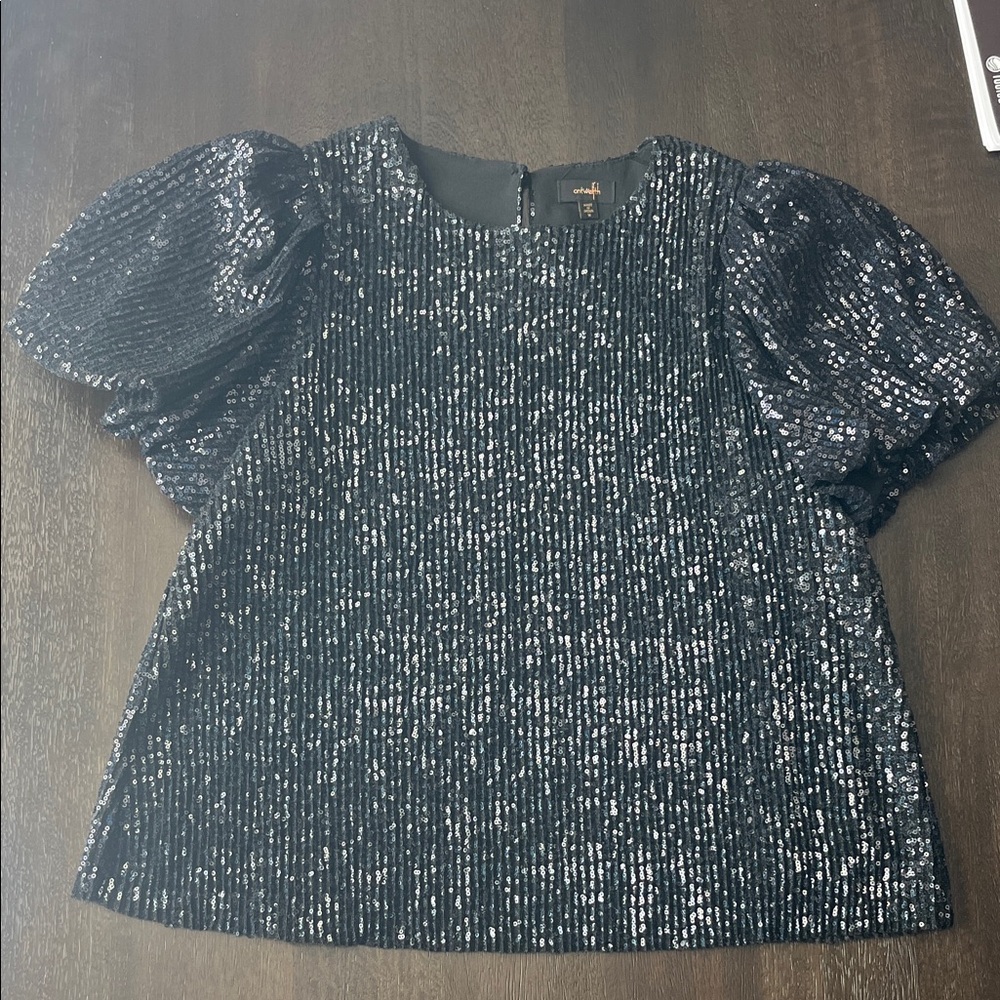 Black Sequin Blouse with Puff Sleeves